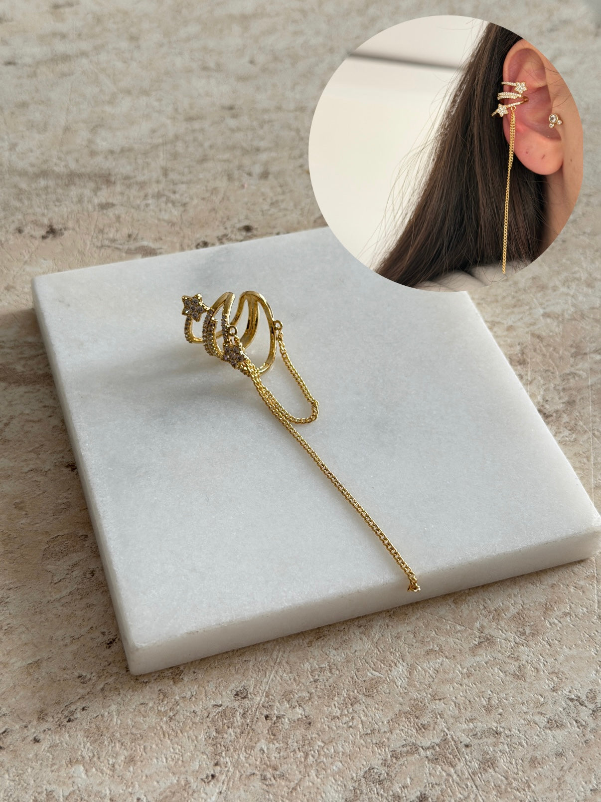 Yıldız Sarkıntılı Zincir Kadın Earcuff Kıkırdak Küpe