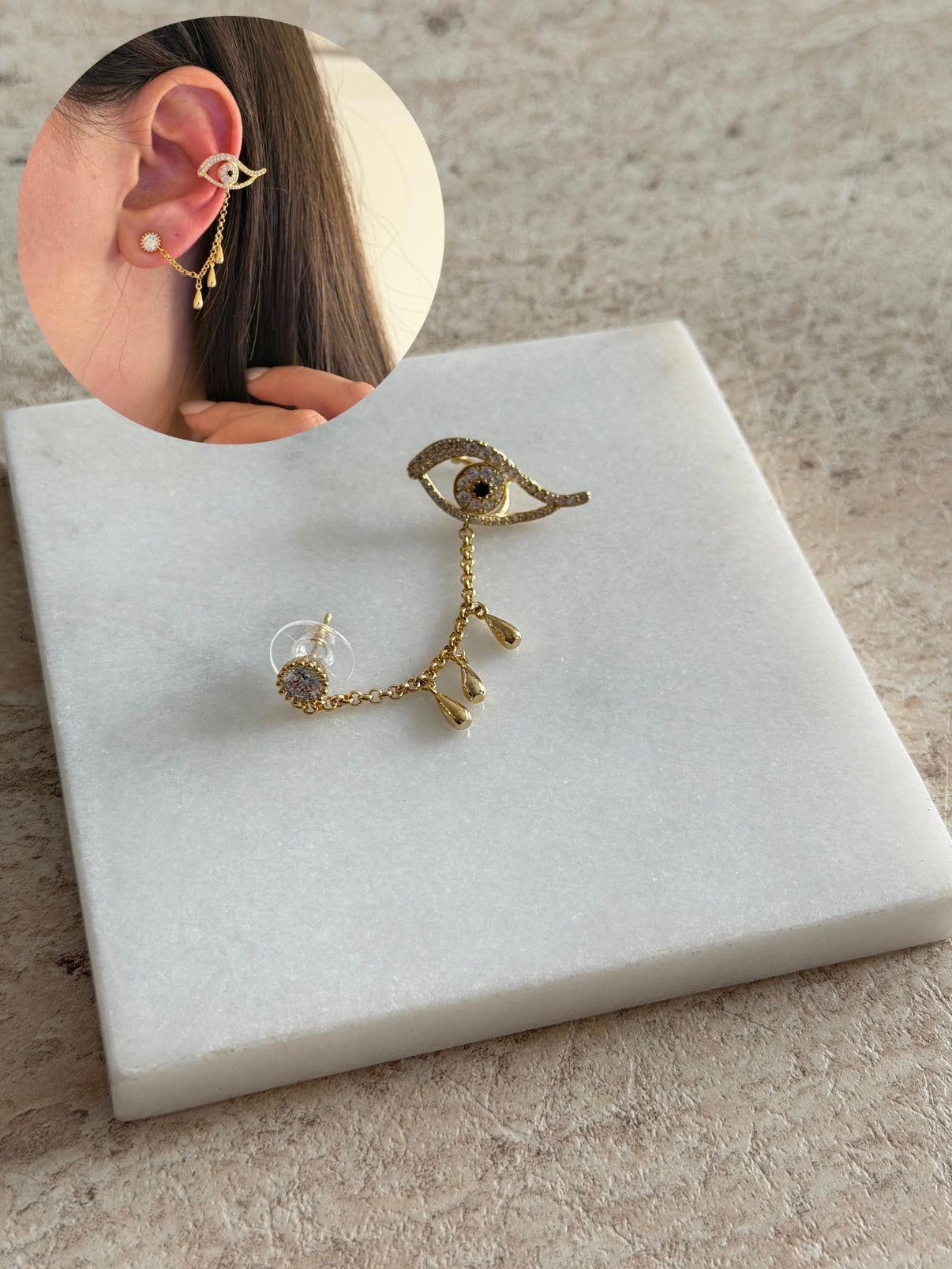 Taş Küpe Sarkıntılı Göz Earcuff