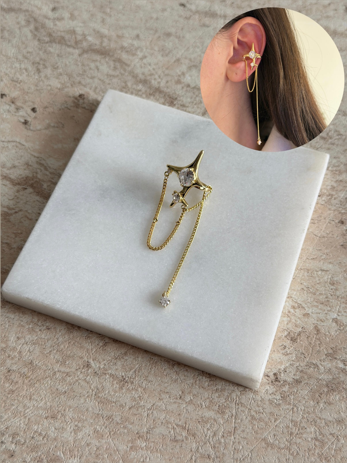 Kutup Yıldızı Zincir Sarkıntılı Kadın Earcuff Kıkırdak Küpe