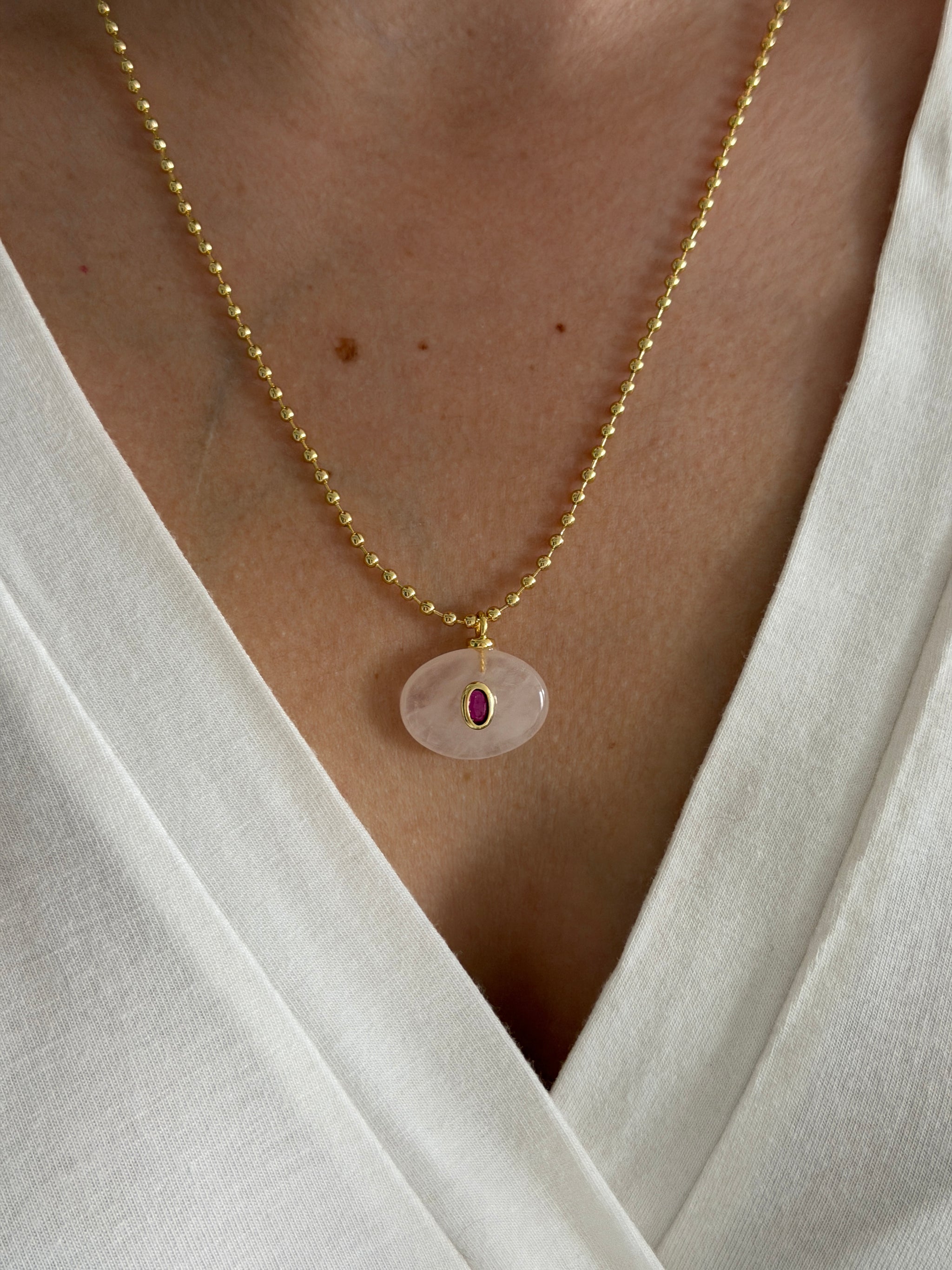 Pembe Oval Taş Gold Zincir Kadın Kolye - 50cm