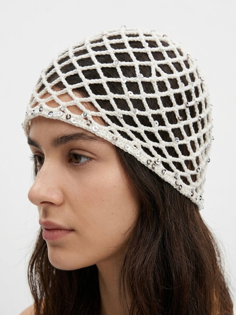 Beyaz Gümüş Pul Kadın Saç Filesi Şapka