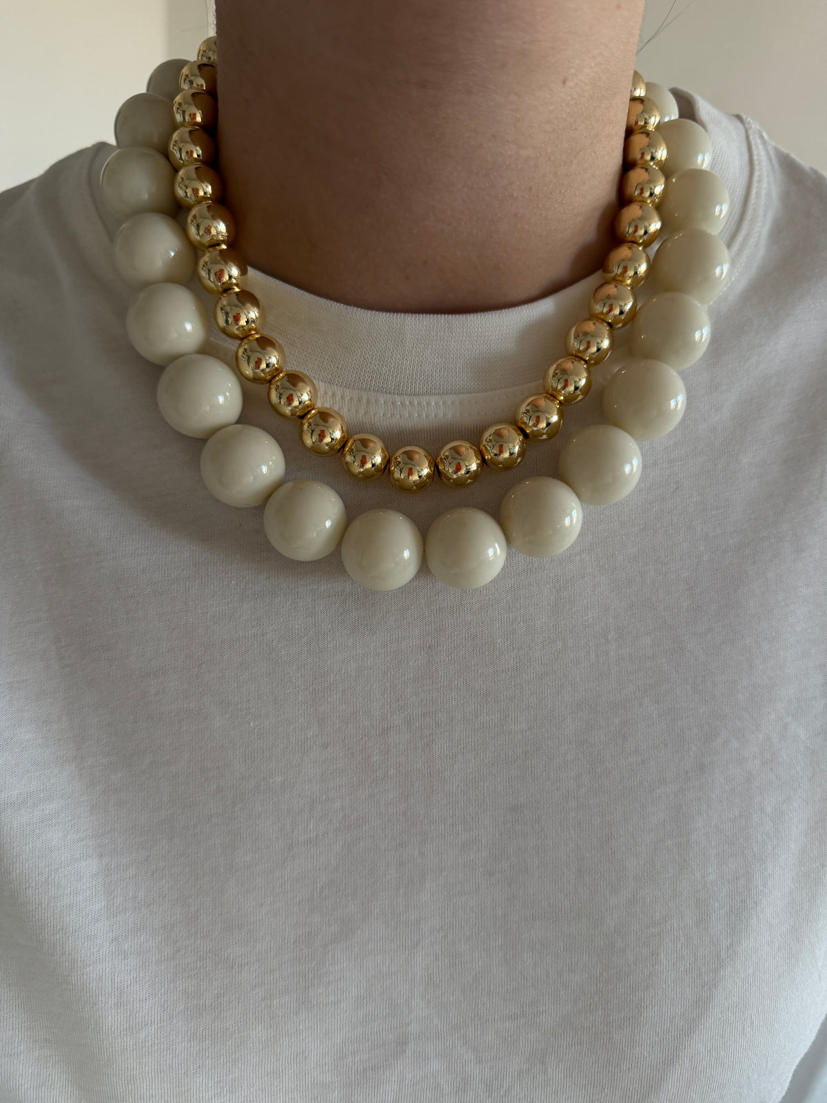 Krem Rengi & Gold Boncuk Kadın Kolye Set