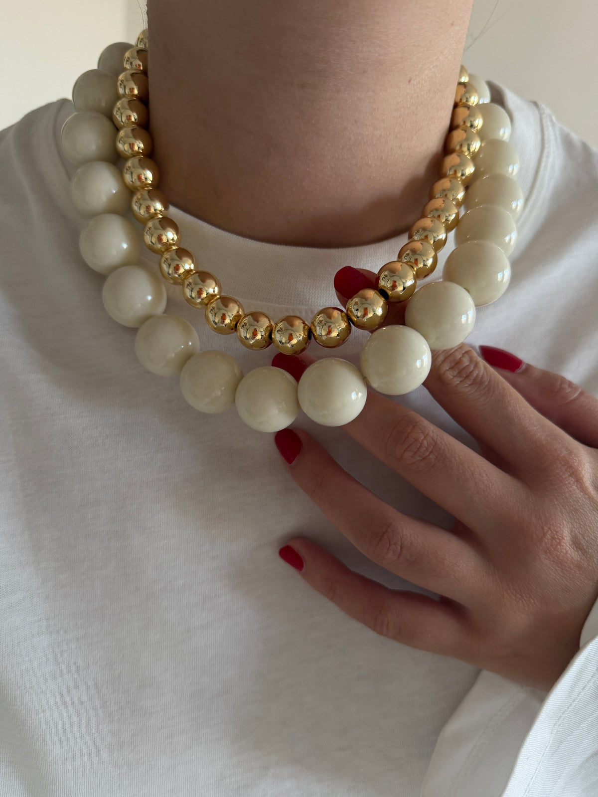 Krem Rengi & Gold Boncuk Kadın Kolye Set