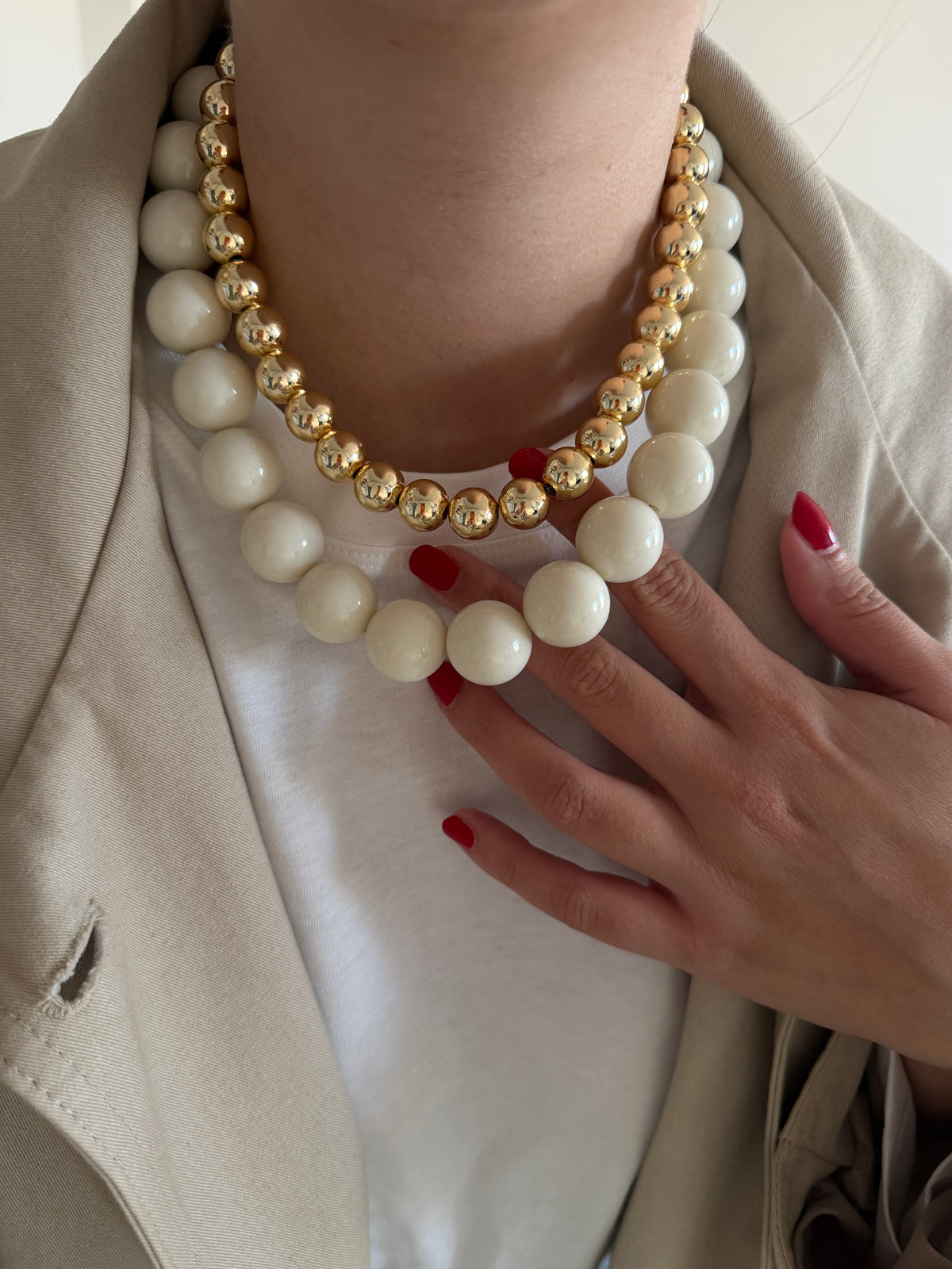 Krem Rengi & Gold Boncuk Kadın Kolye Set