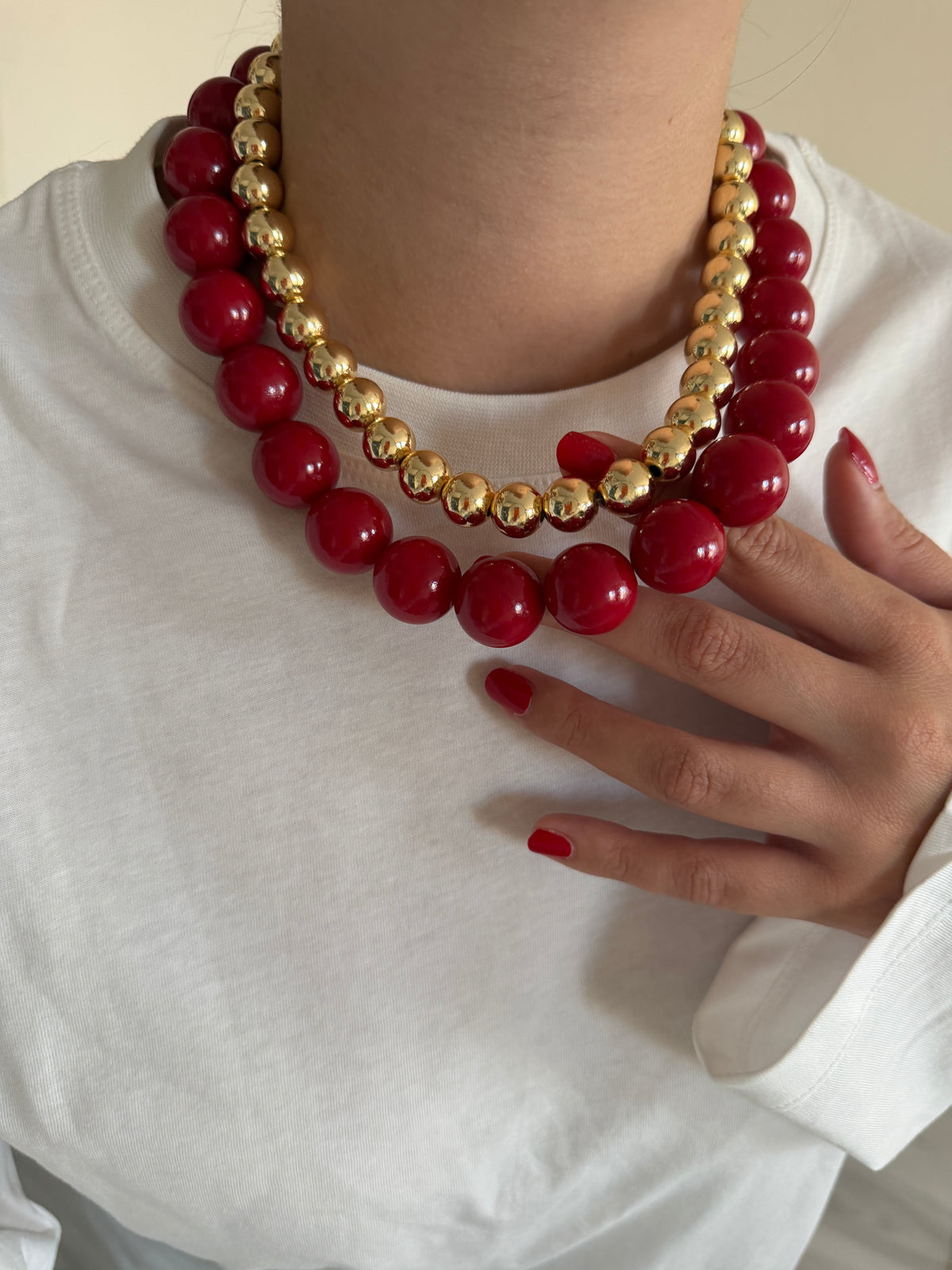 Vişne Rengi & Gold Boncuk Kadın Kolye Set