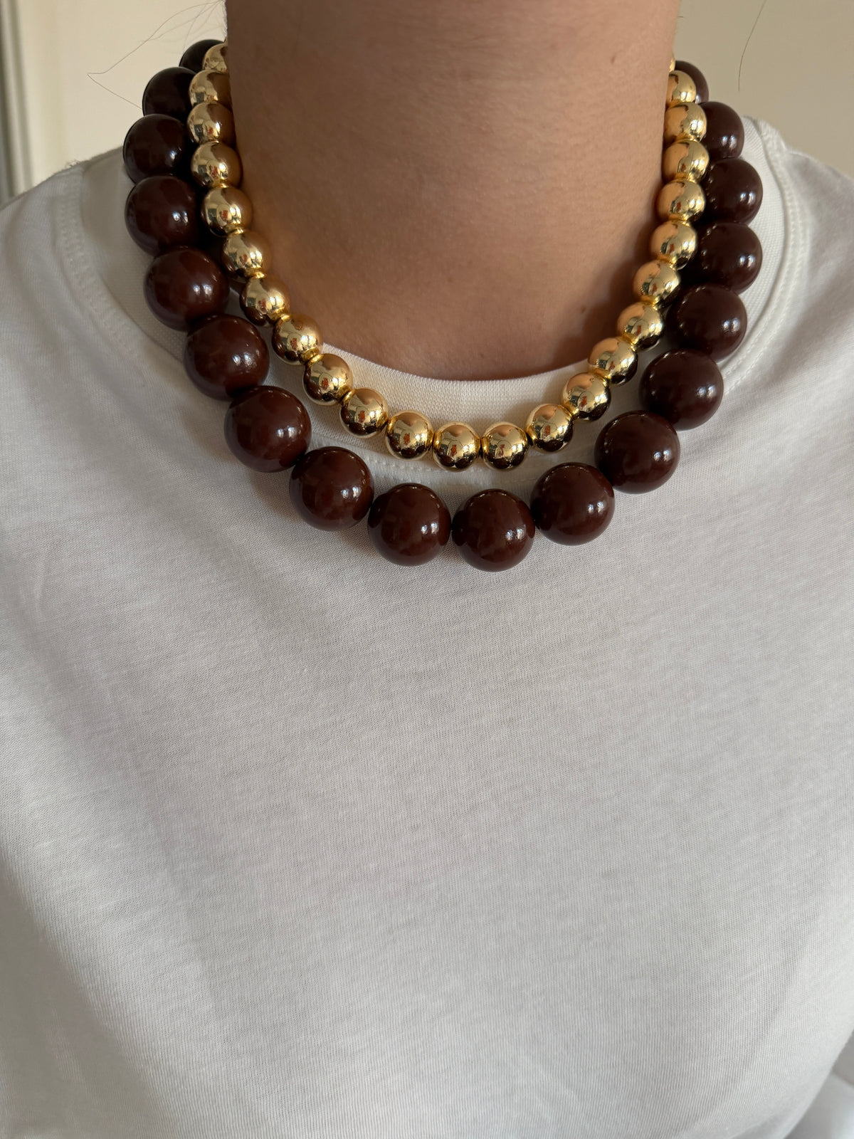 Kahve Rengi & Gold Boncuk Kadın Kolye Set