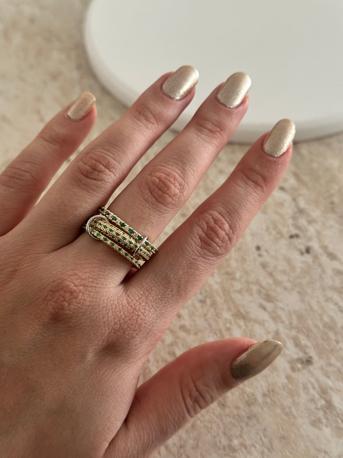 3'Lü Mozaik Yeşil Spinelli Kadın Yüzük