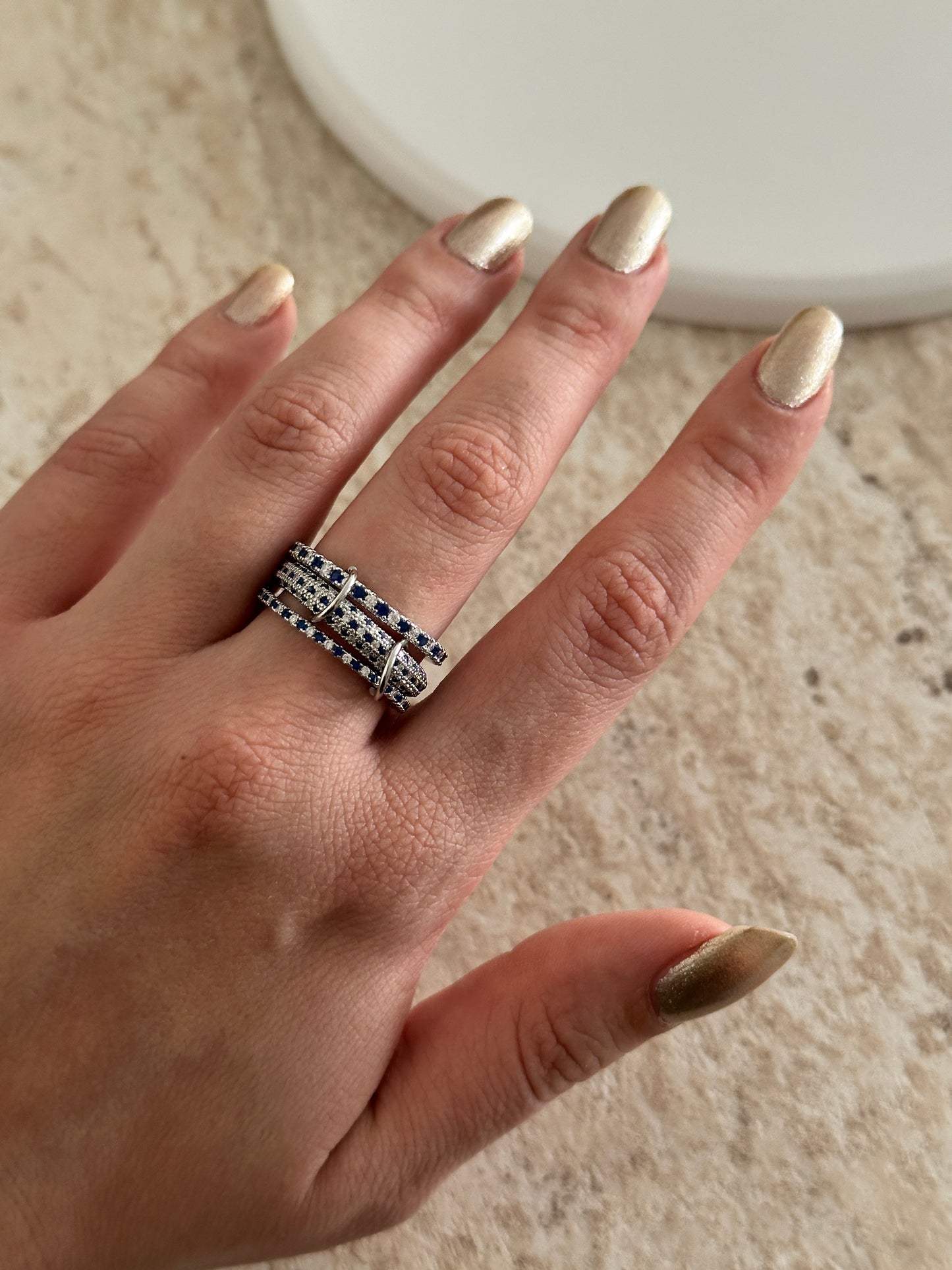 3'Lü Gümüş Mavi Mozaik Spinelli Kadın Yüzük