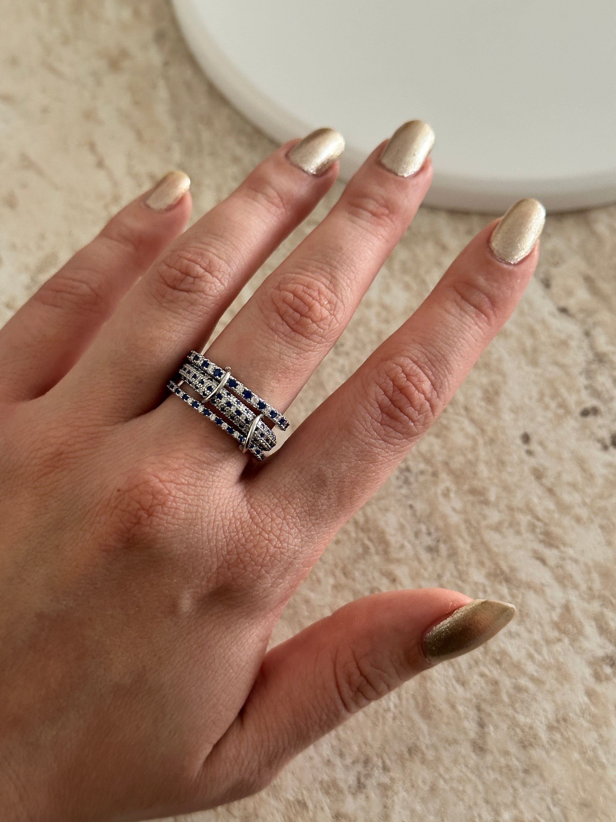 3'Lü Gümüş Mavi Mozaik Spinelli Kadın Yüzük