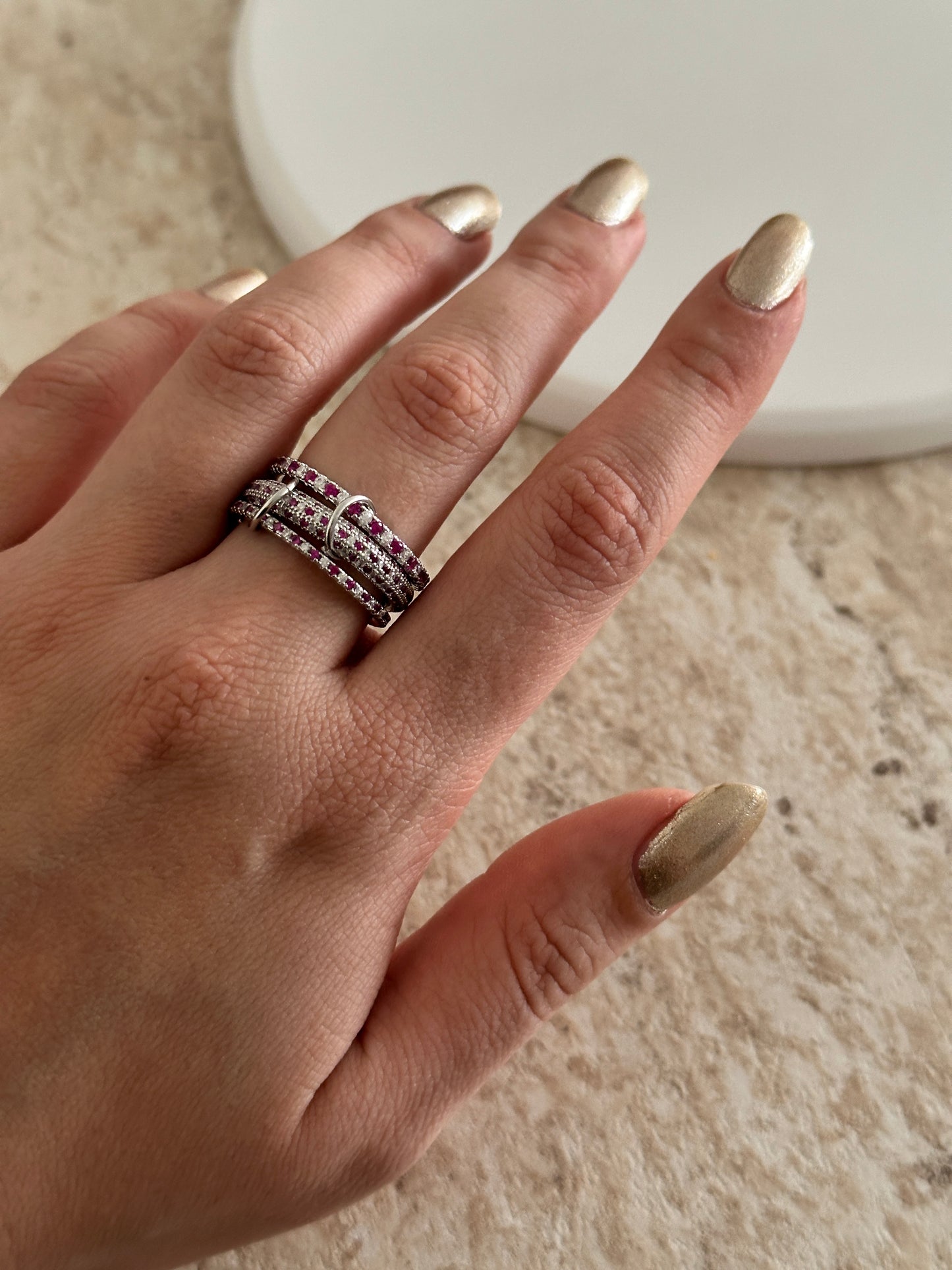 3'Lü Gümüş Mozaik Pembe Spinelli Kadın Yüzük