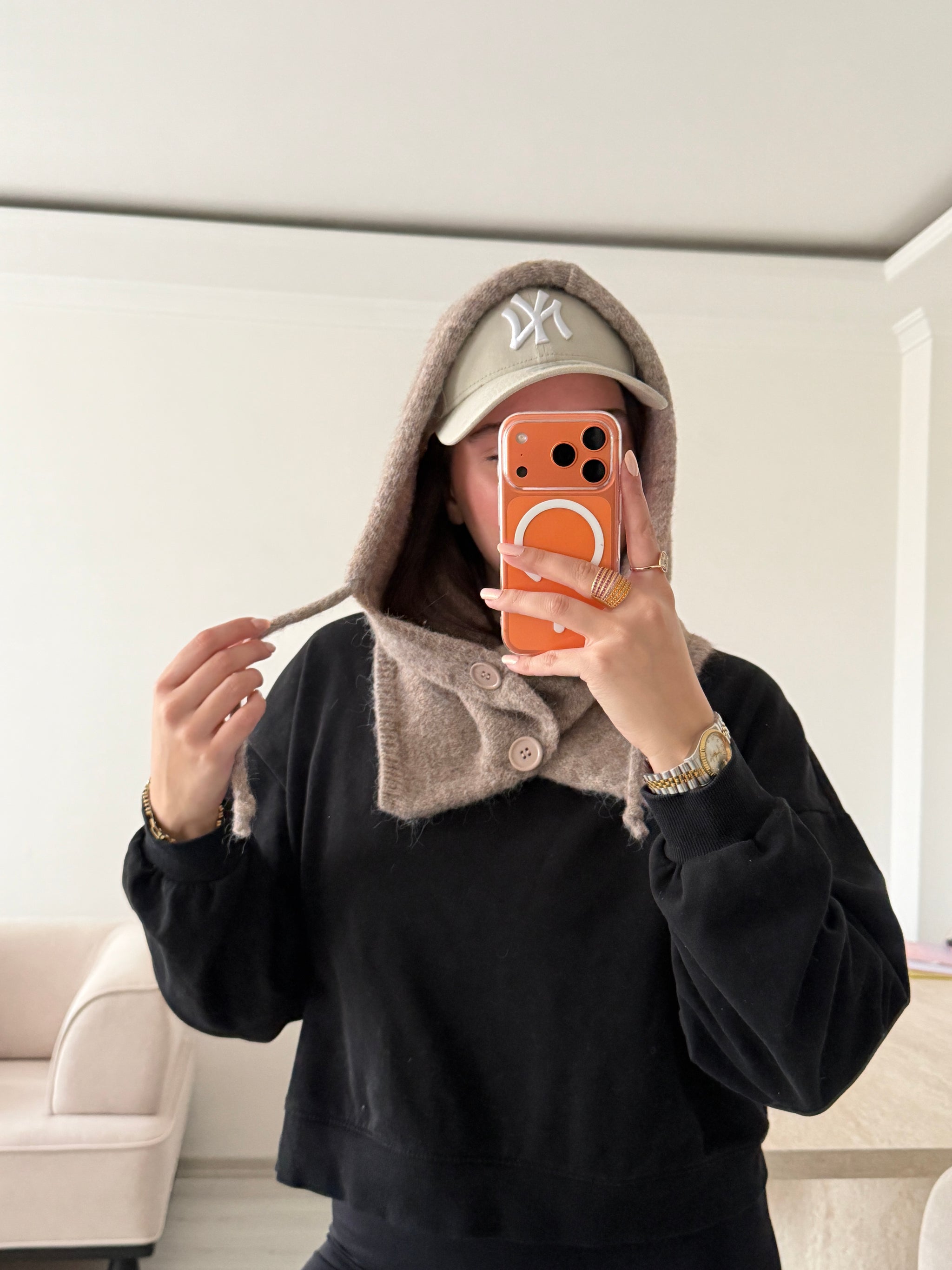 Düğmeli Kadın Balaklava - Boz Kahve