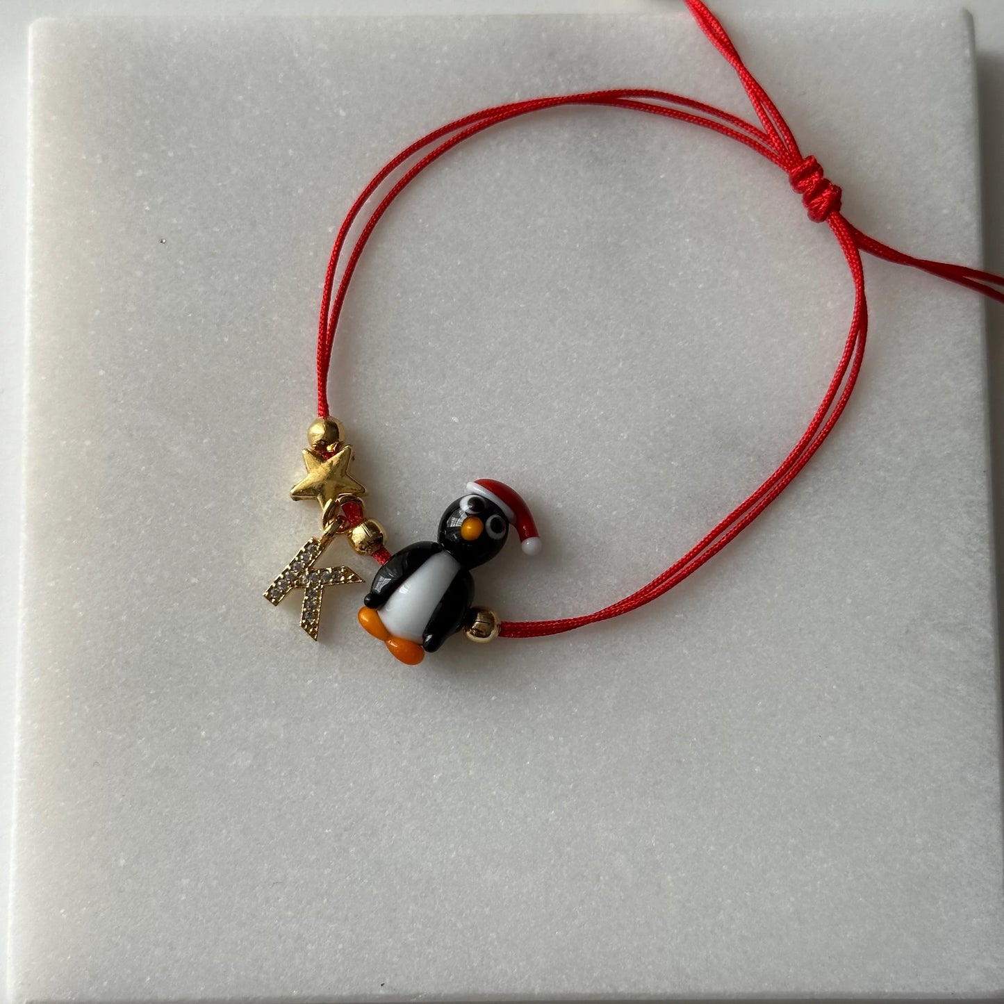 Yılbaşı Penguen Murano Cam Boncuk Kişiye Özel Harf Kadın Şans Bilekliği