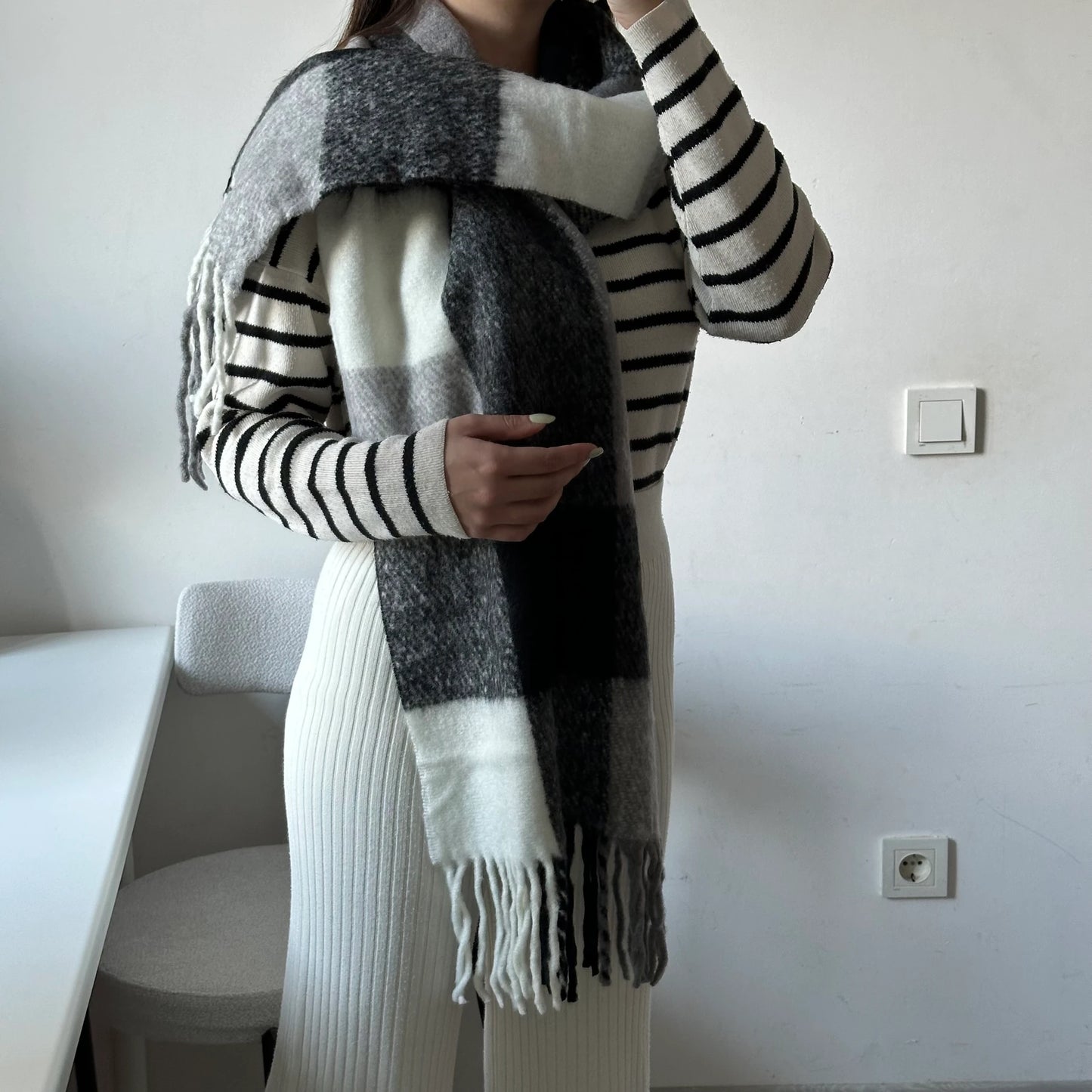 Siyah/Beyaz Kareli Pinterest Şal Atkı