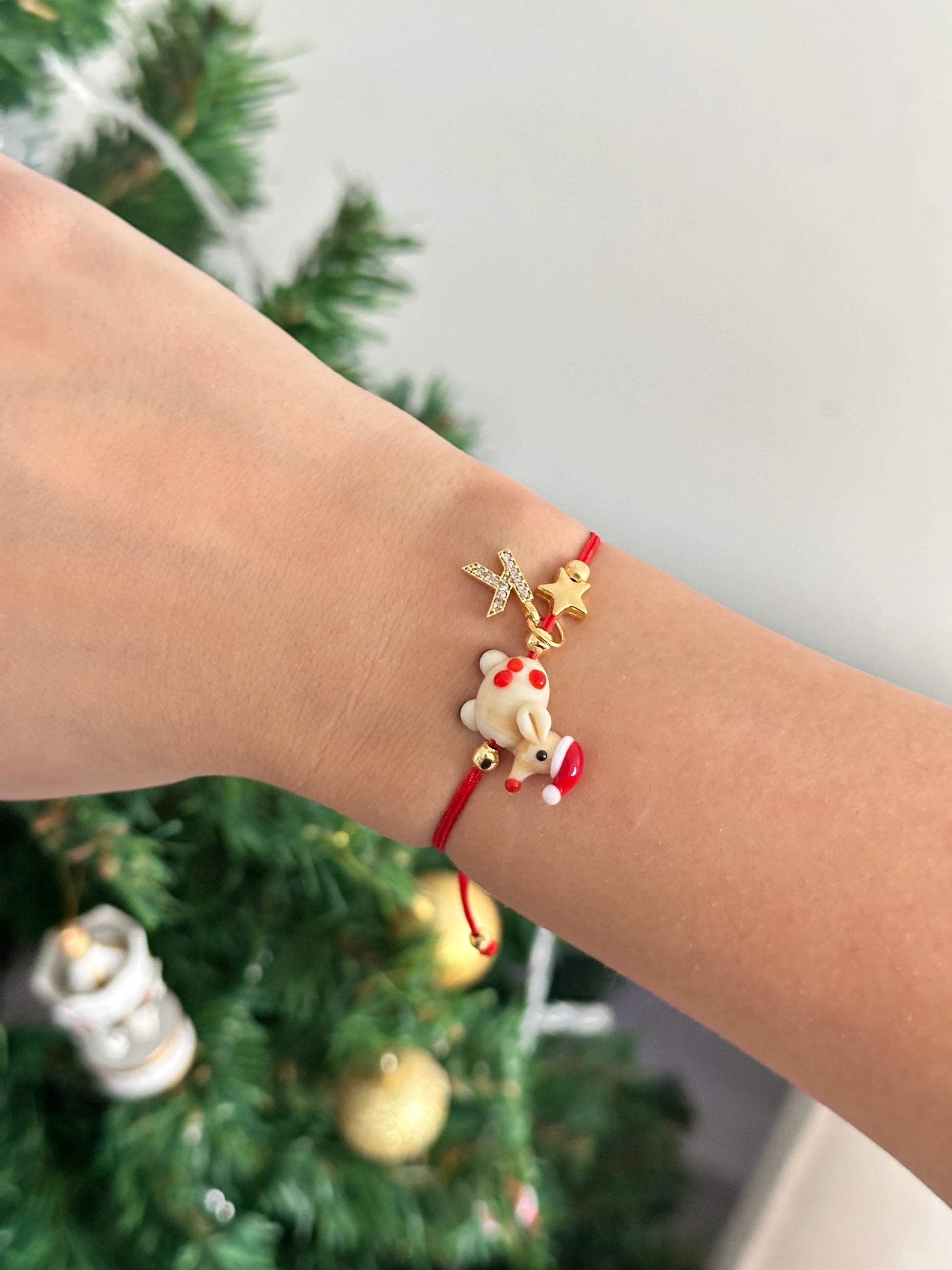 Yılbaşı Geyik Murano Cam Boncuk Kişiye Özel Harf Kadın Şans Bilekliği