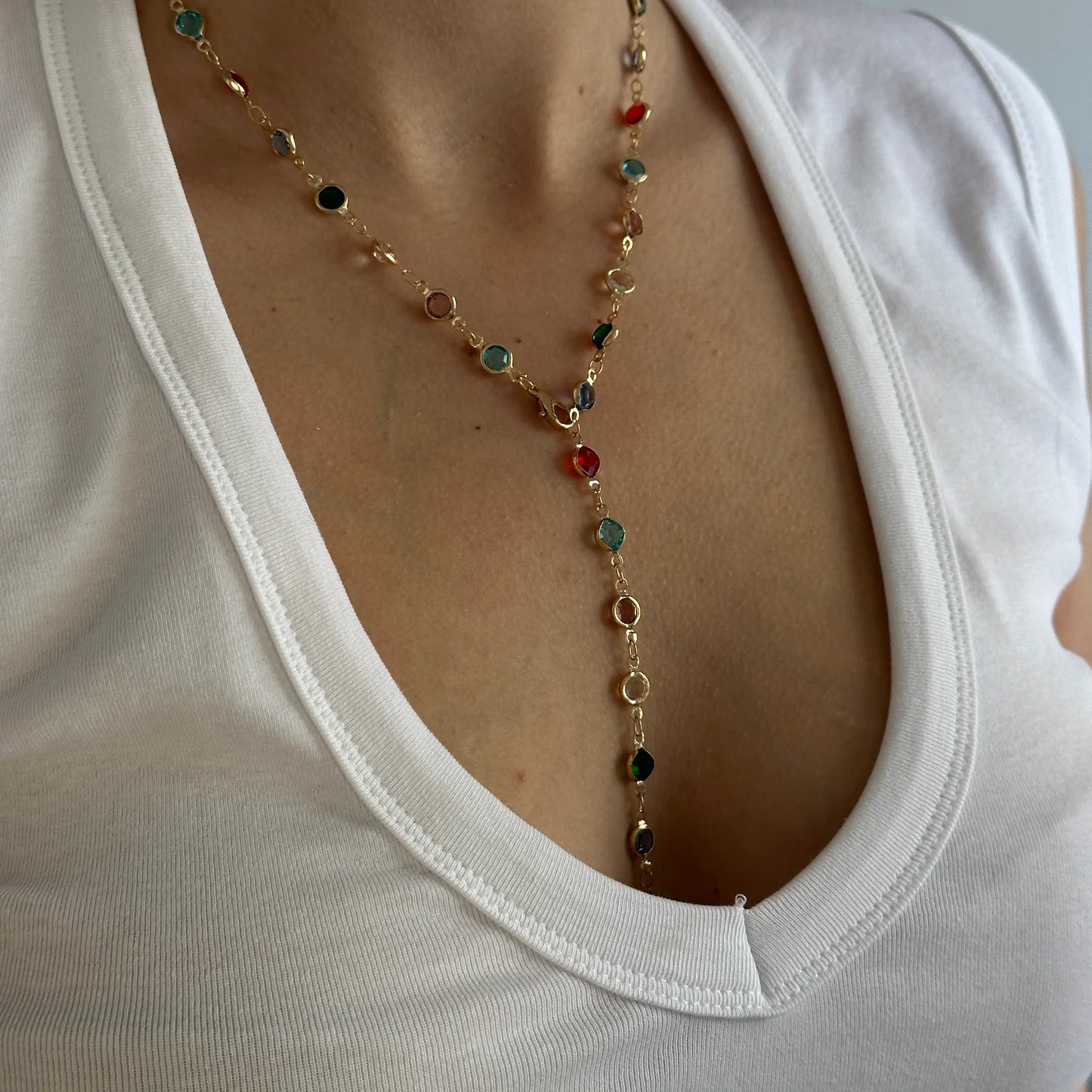 Renkli Yuvarlak Taş Y Dekolte Kolye