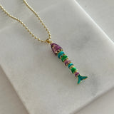 Morlu Turkuaz Hareketli Balık Kadın Kolye