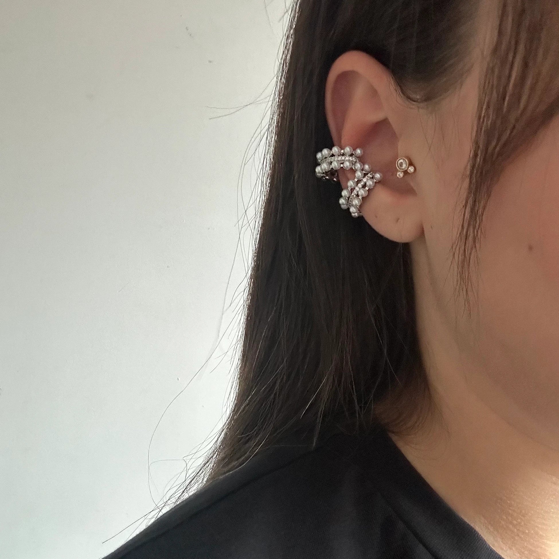İkili İncili Earcuff Küpe