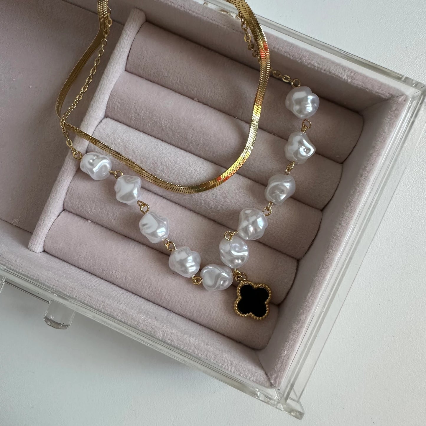 İkili İnci&İtalyan Zincir Çelik Kolye