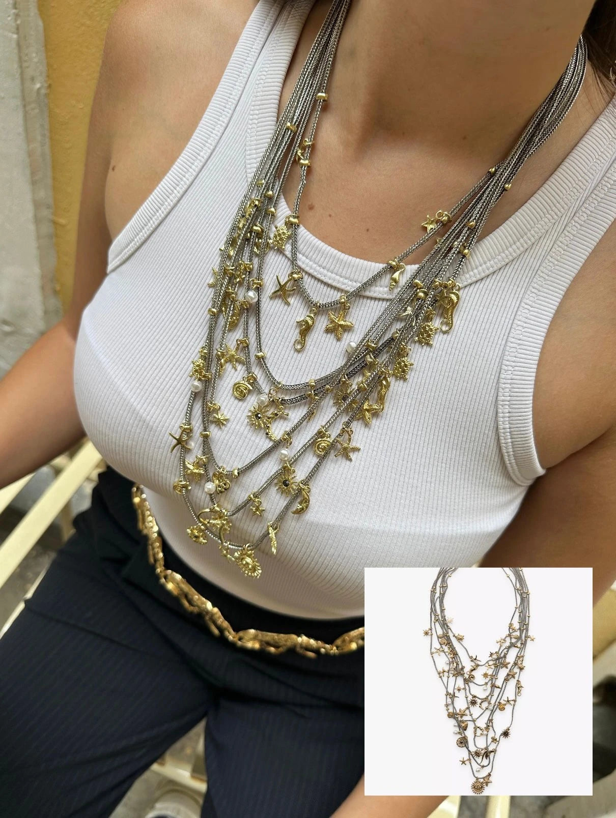 Çoklu Charm Gold & Gümüş Kadın Kolye