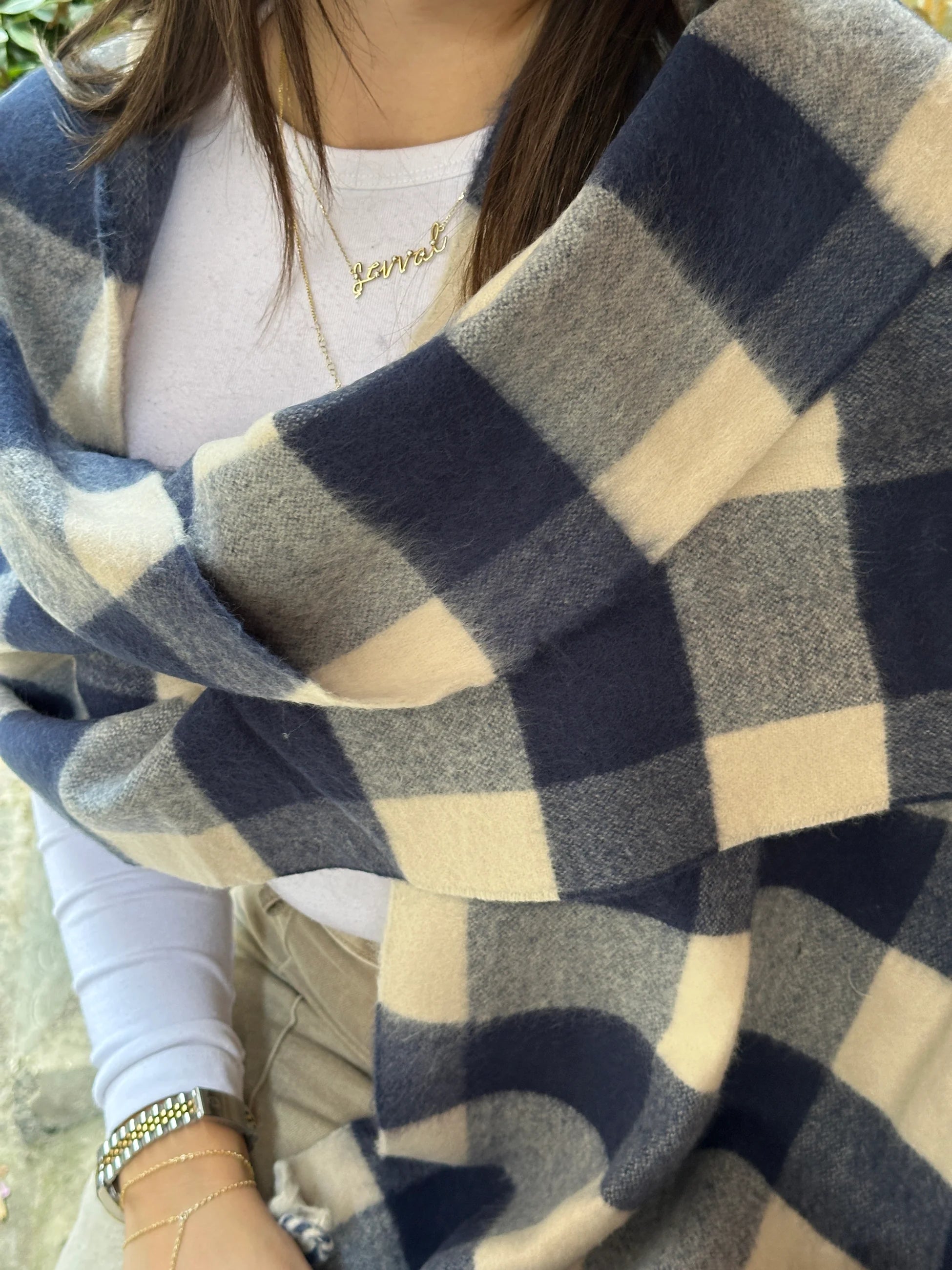 Lacivert/Beyaz Kareli Pinterest Kadın Şal Atkı