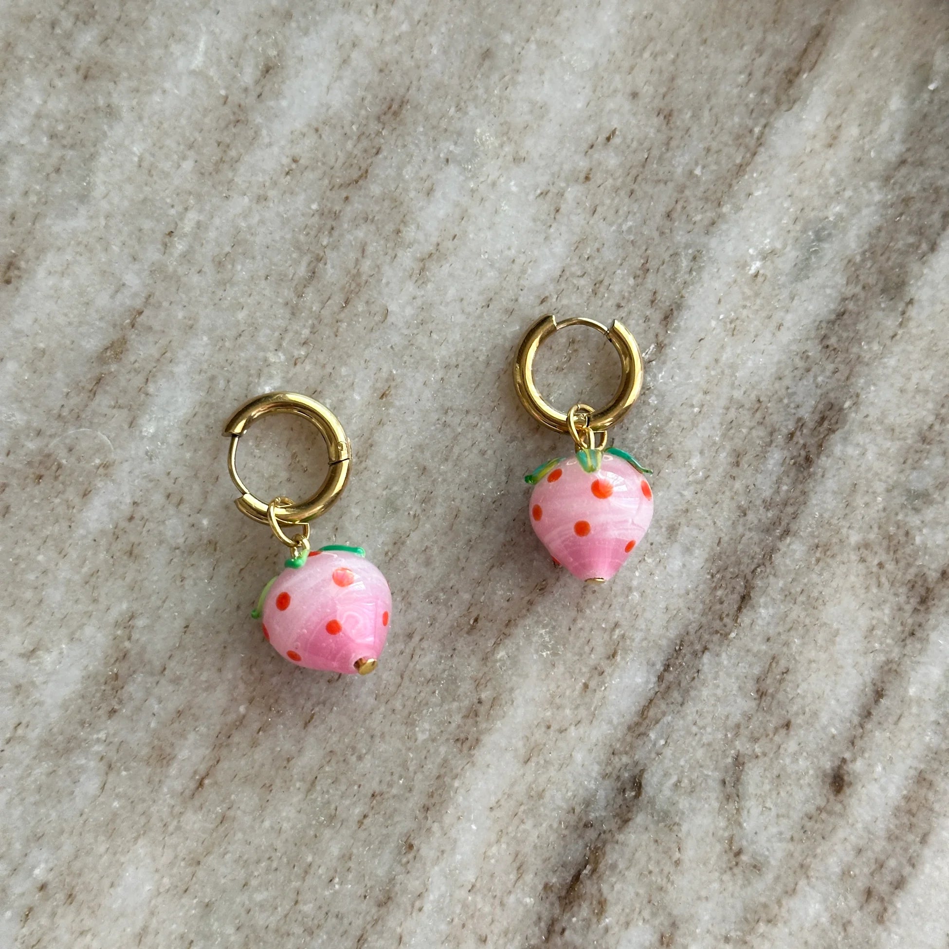 Pembe Çilek Murano Cam Cam Boncuk Kadın Küpe