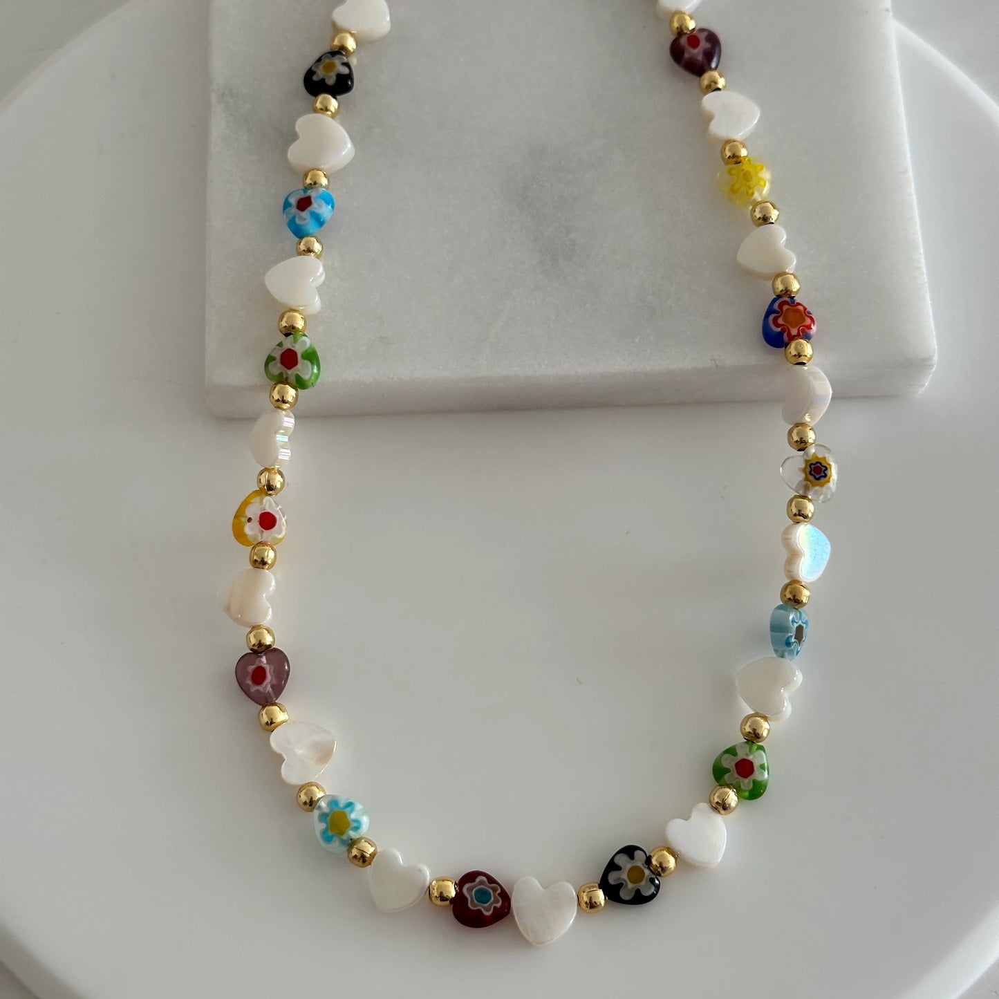 Sedefli Kalp Taş Etnik Tasarım Kolye