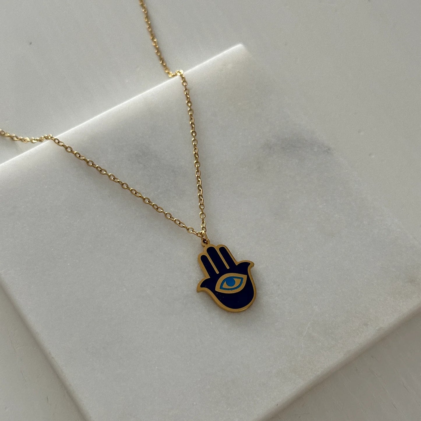 Hamsa Lacivert Göz Çelik Kadın Kolye