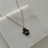 Hamsa Lacivert Göz Çelik Kadın Kolye