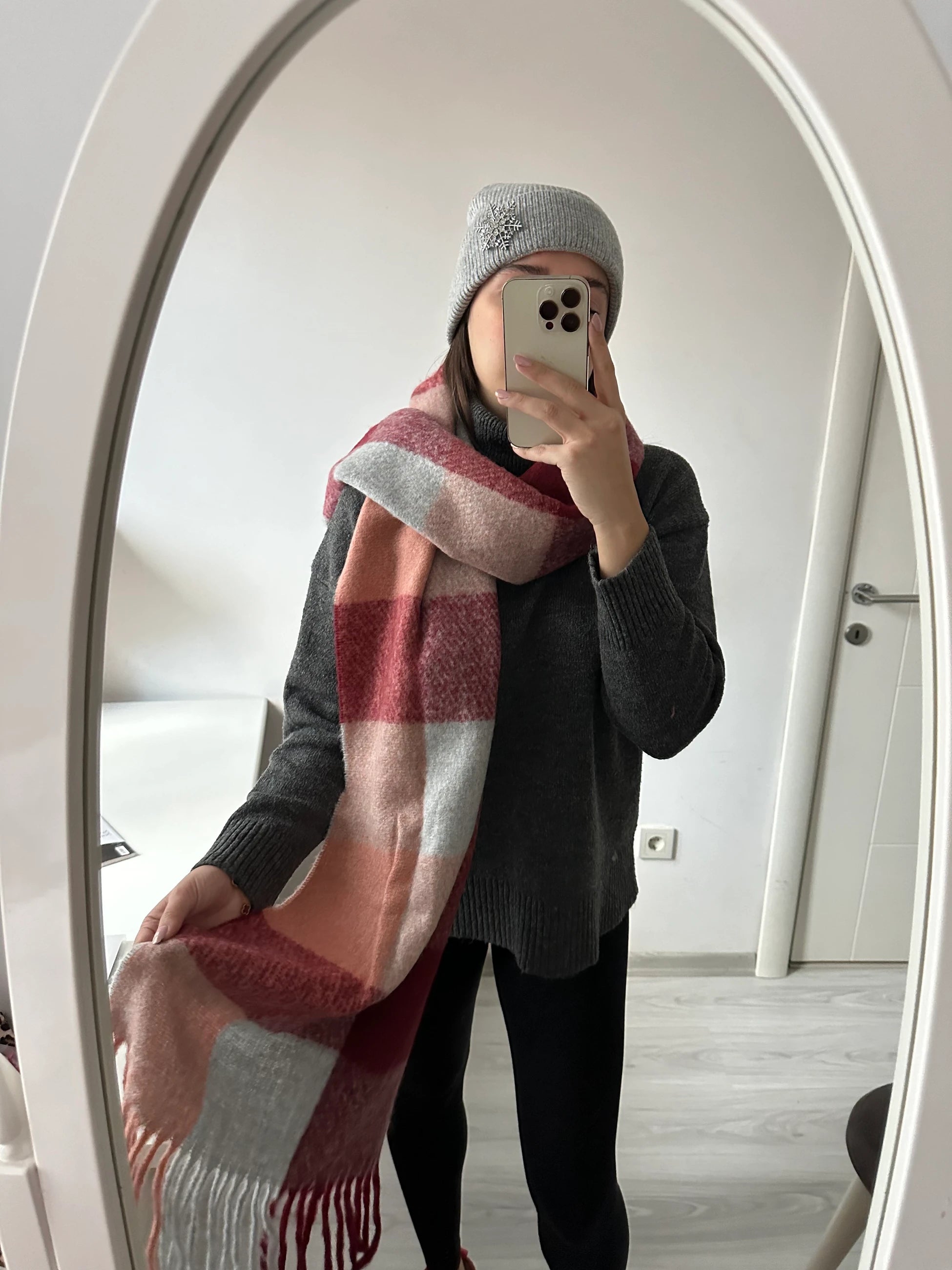 Bordo/Gri Kareli Pinterest Kadın Şal Atkı