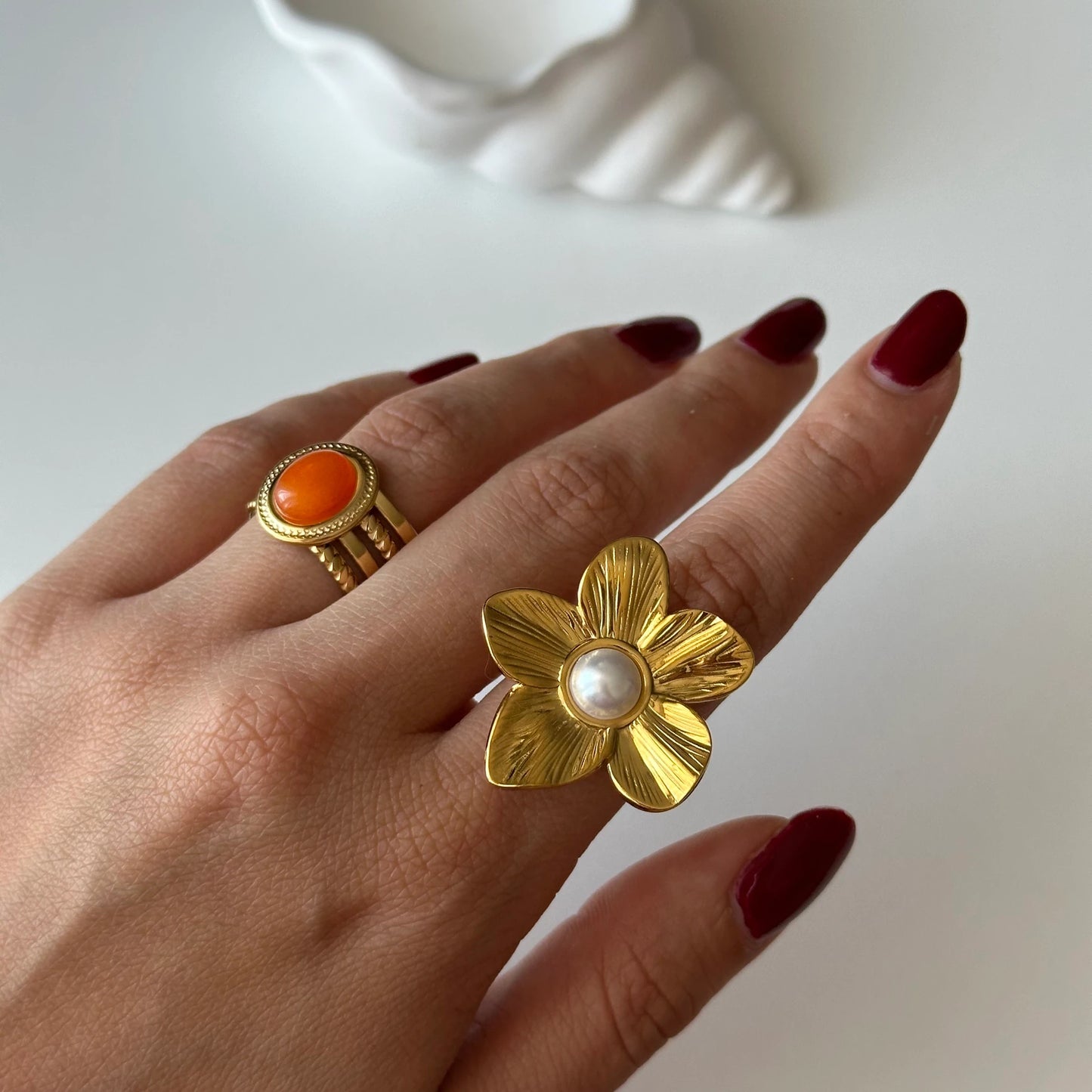 İnci Çiçekli Çelik Yüzük