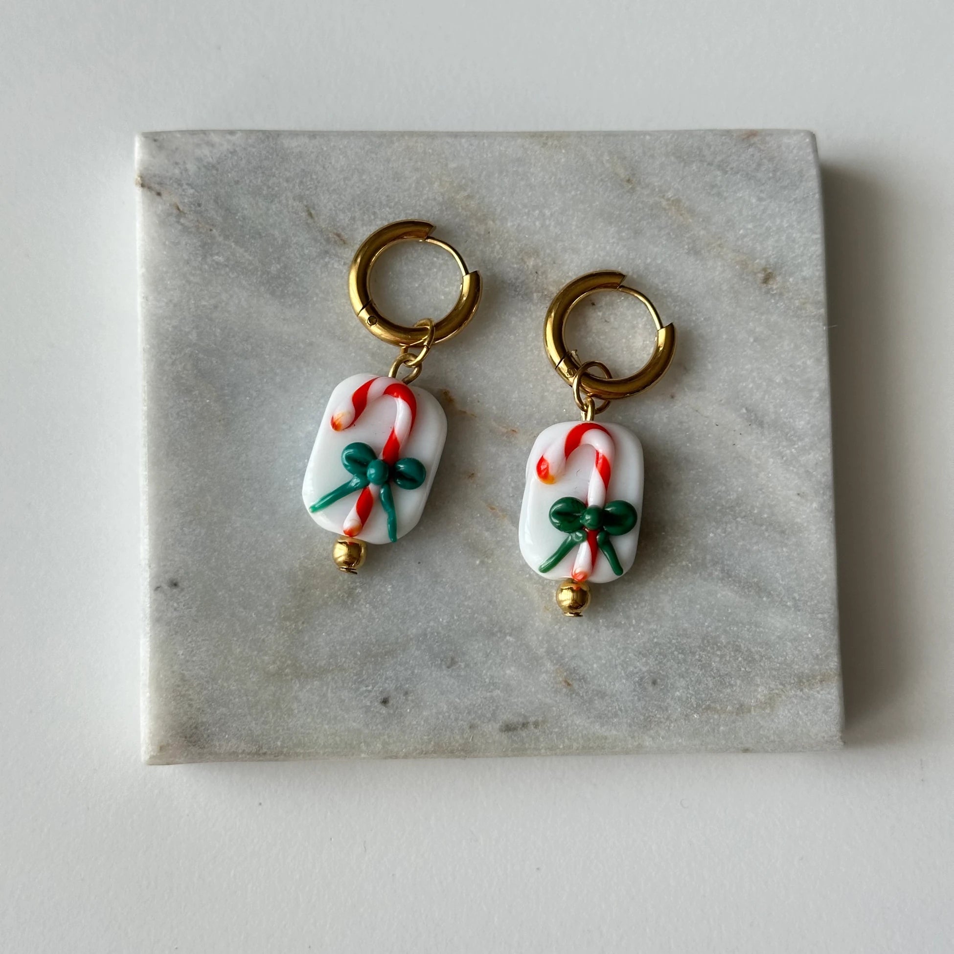 Yılbaşı Baston Şeker Murano Cam Boncuk Kadın Set Küpe