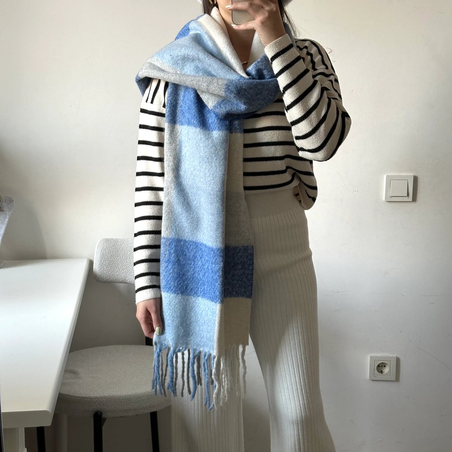 Mavi/Gri Kareli Pinterest Kadın Şal Atkı