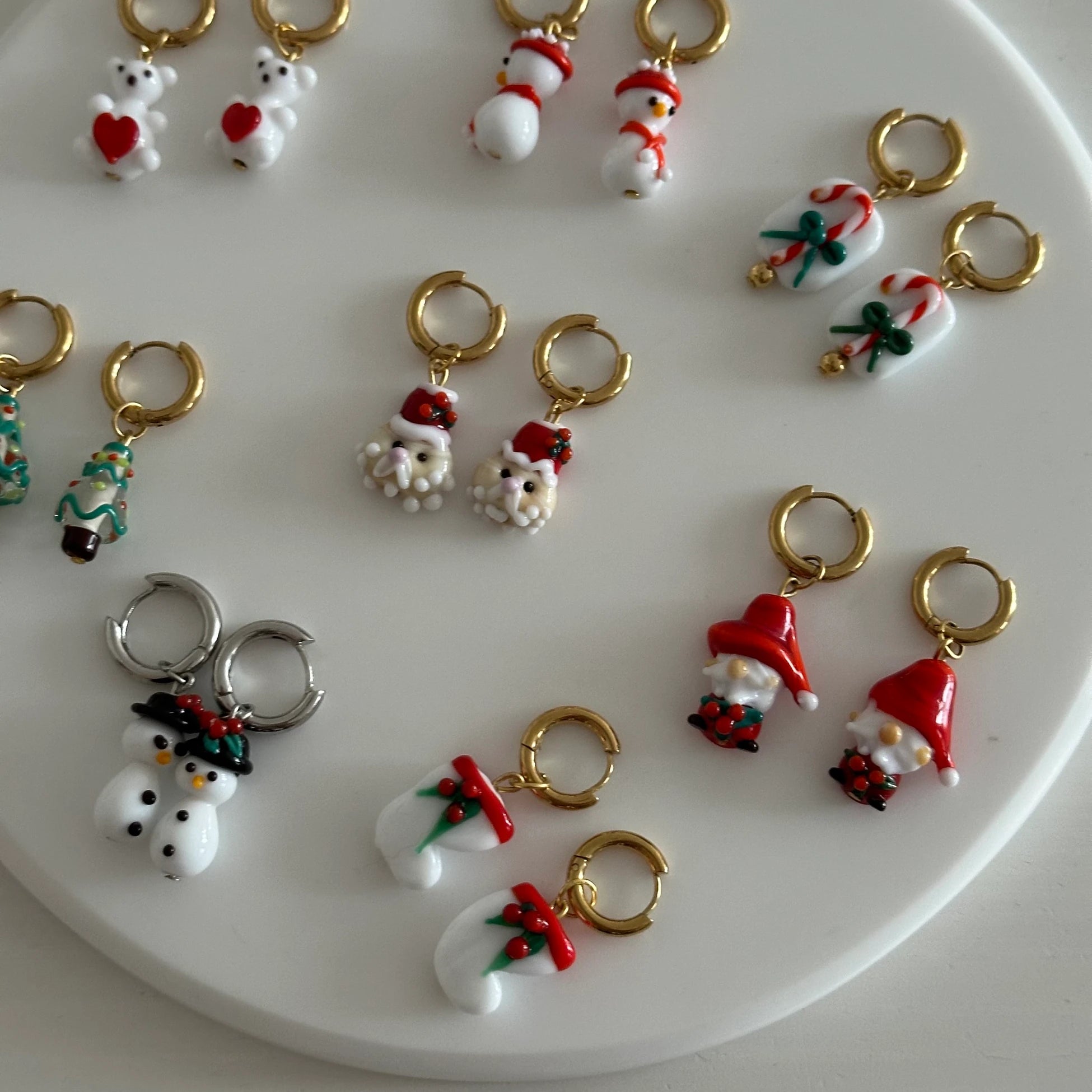 Yılbaşı Baston Şeker Murano Cam Boncuk Kadın Set Küpe