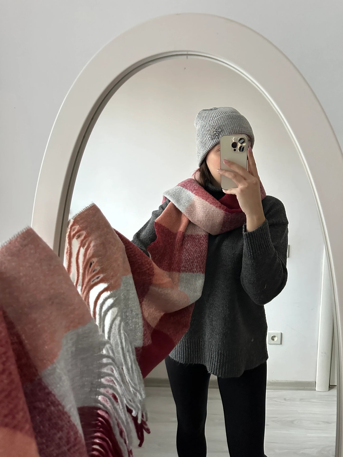 Bordo/Gri Kareli Pinterest Kadın Şal Atkı