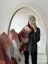 Bordo/Gri Kareli Pinterest Kadın Şal Atkı