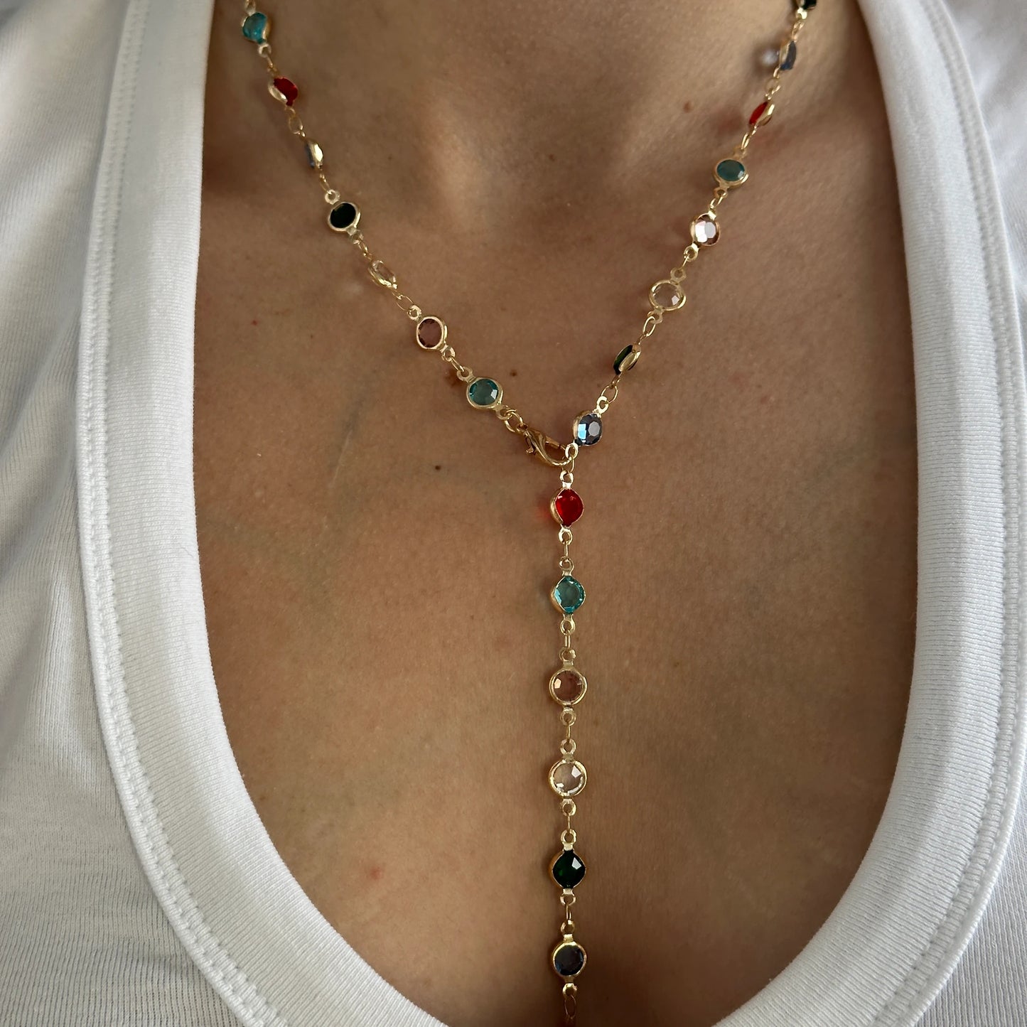 Renkli Yuvarlak Taş Y Dekolte Kolye