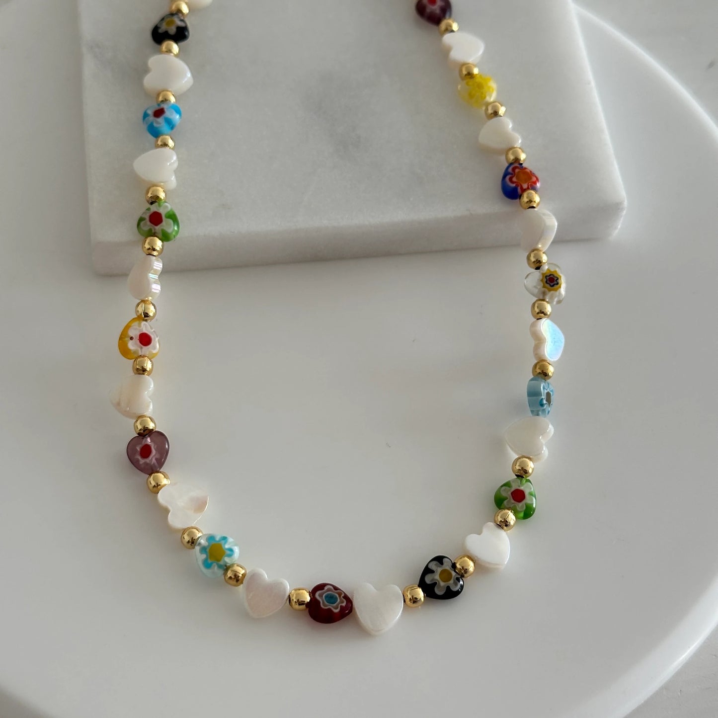 Sedefli Kalp Taş Etnik Tasarım Kolye