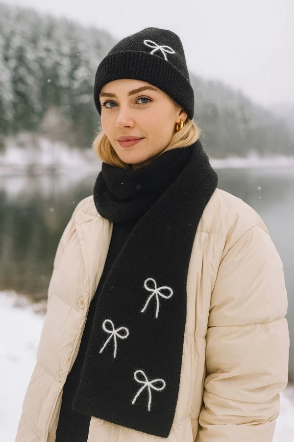 Yumuşak Dokulu Kurdele İp Dikişli Bere / Atkı Takım