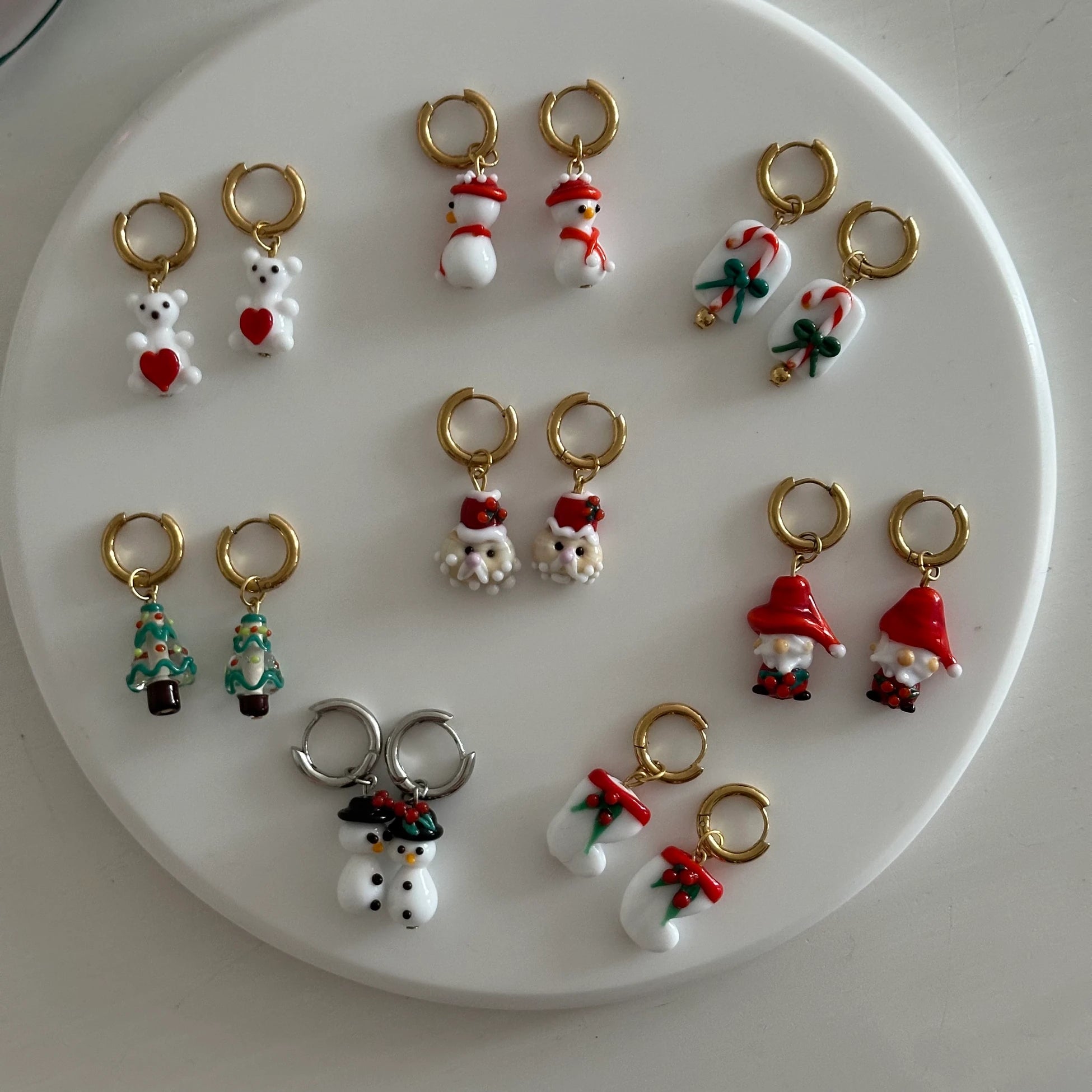 Yılbaşı Kalpli Ayıcık Murano Cam Boncuk Kadın Set Küpe