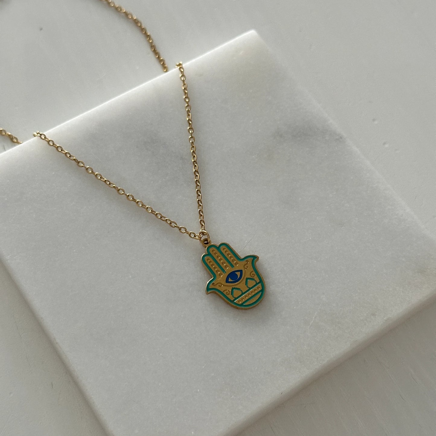 Hamsa Su Yeşili Fatma Ana Eli Çelik Kadın Kolye