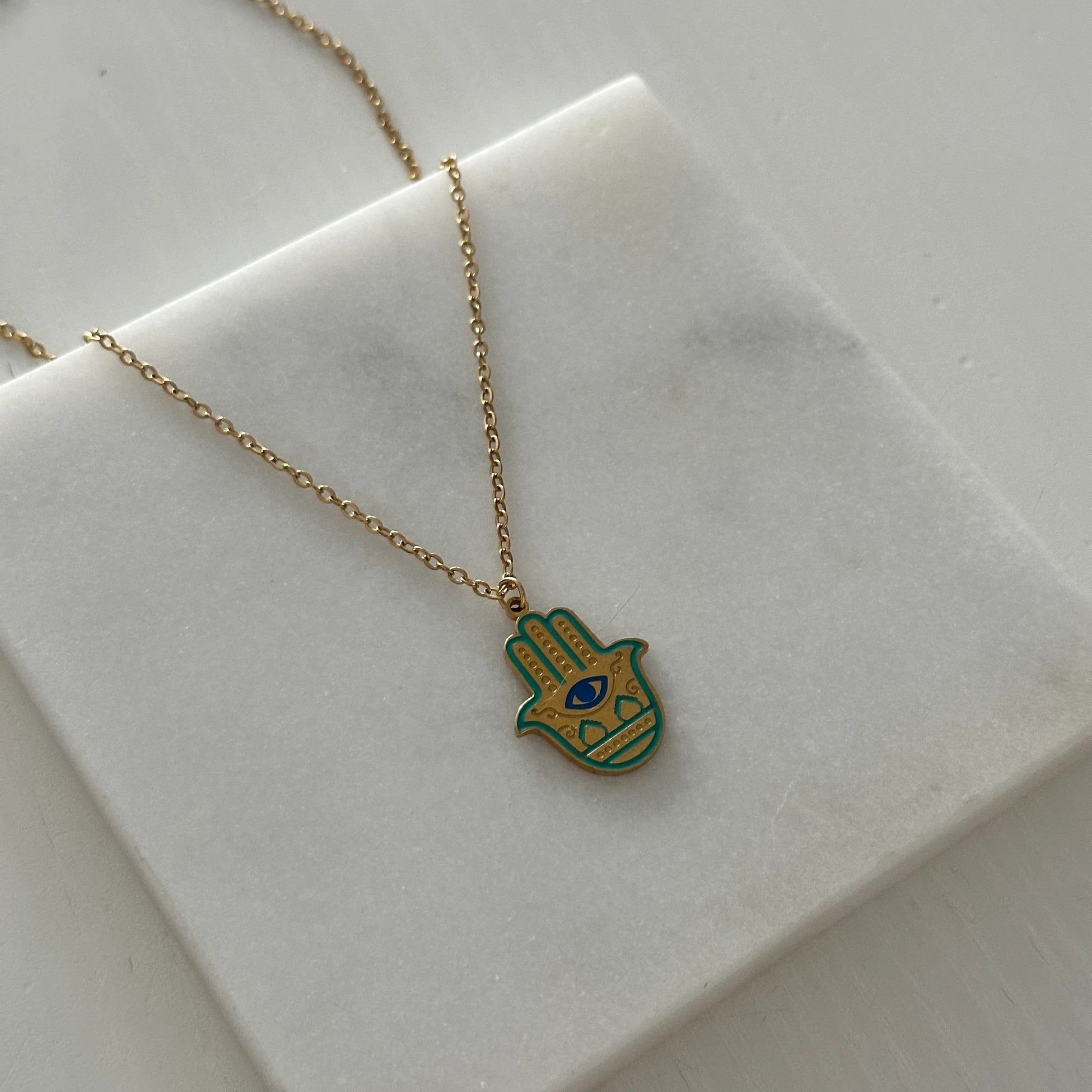 Hamsa Su Yeşili Fatma Ana Eli Çelik Kadın Kolye