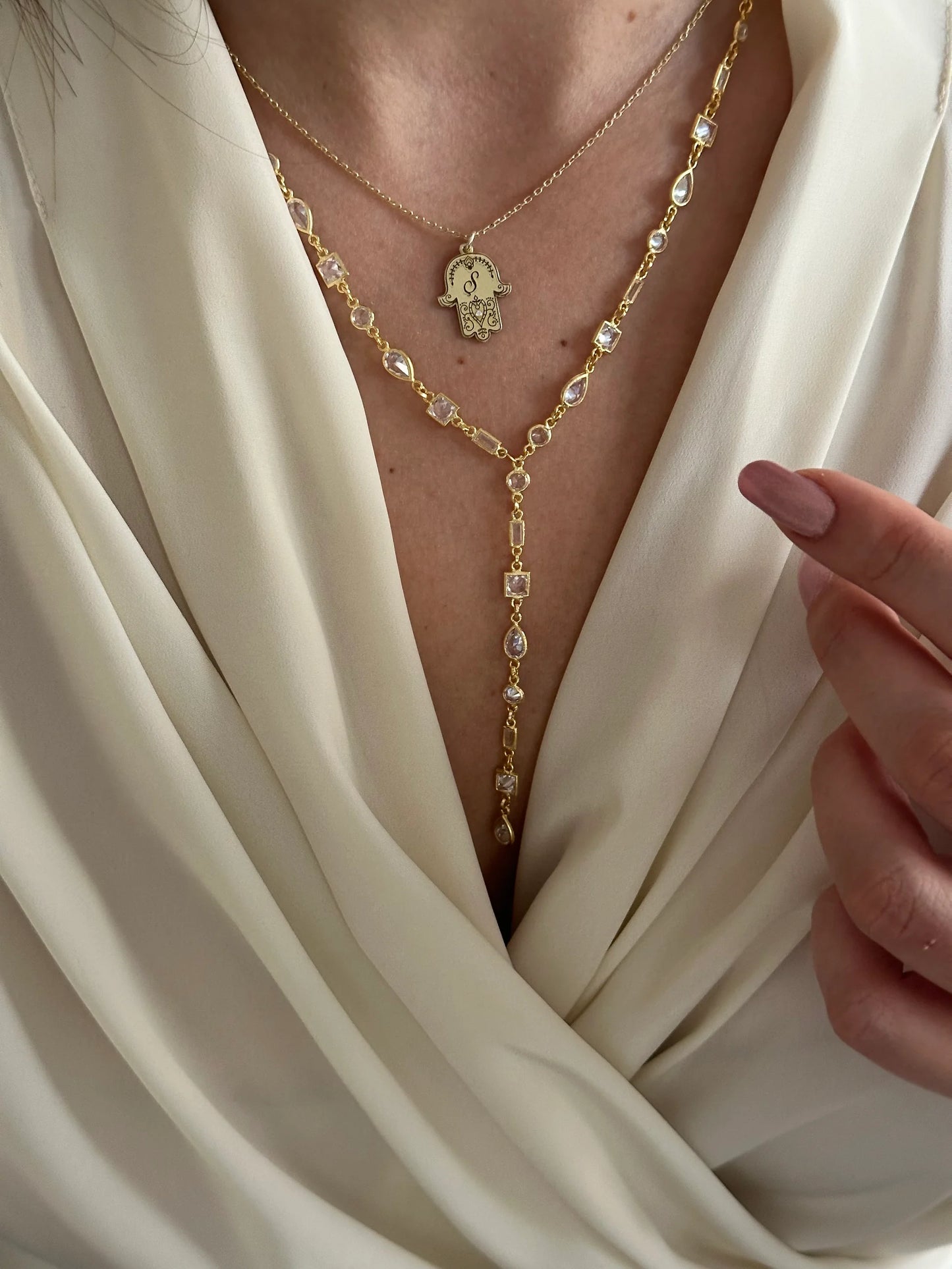 Asimetrik Taşlı Y Dekolte Kolye (925 Ayar Gümüş)