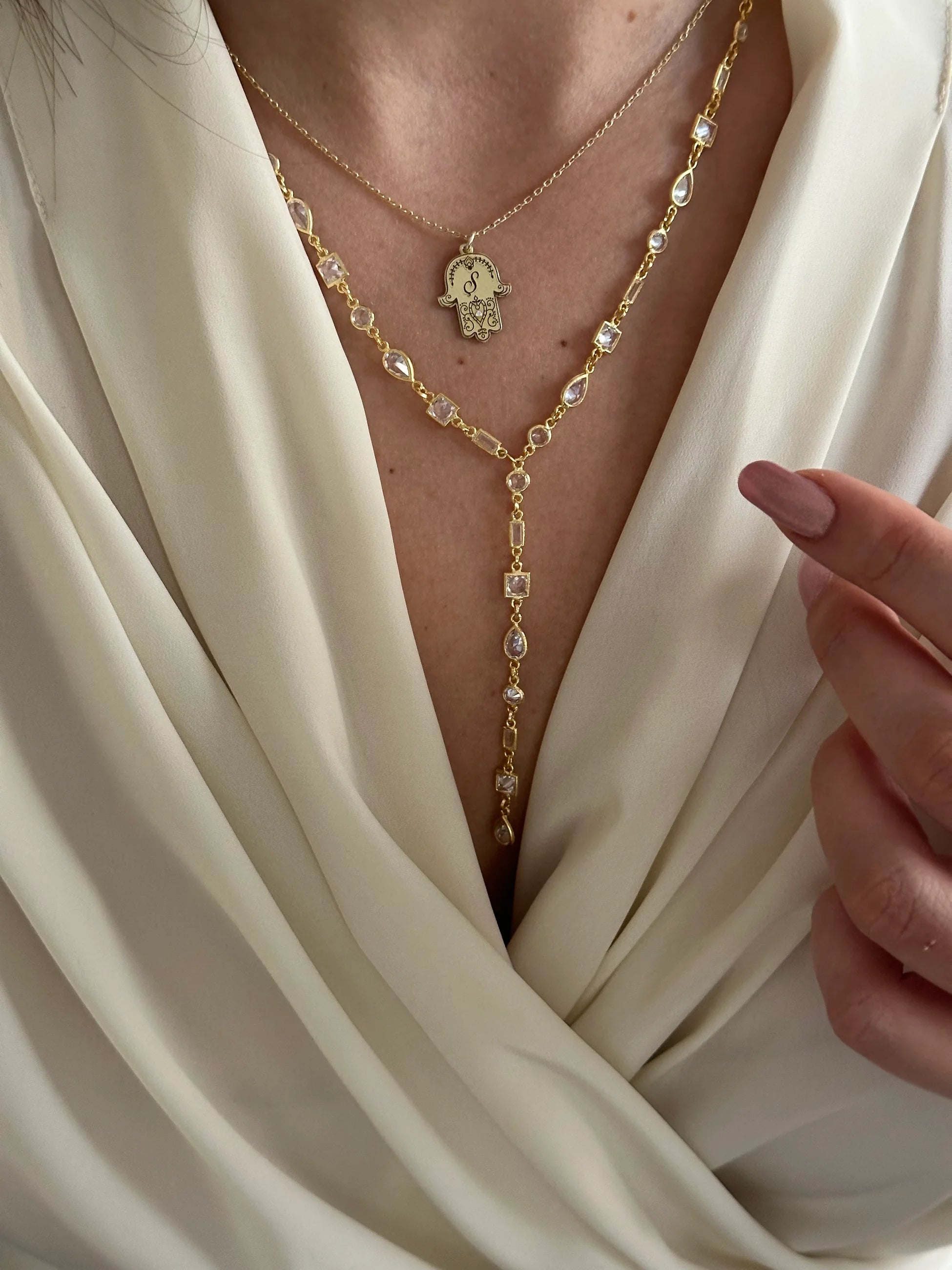 Asimetrik Taşlı Y Dekolte Kolye (925 Ayar Gümüş)