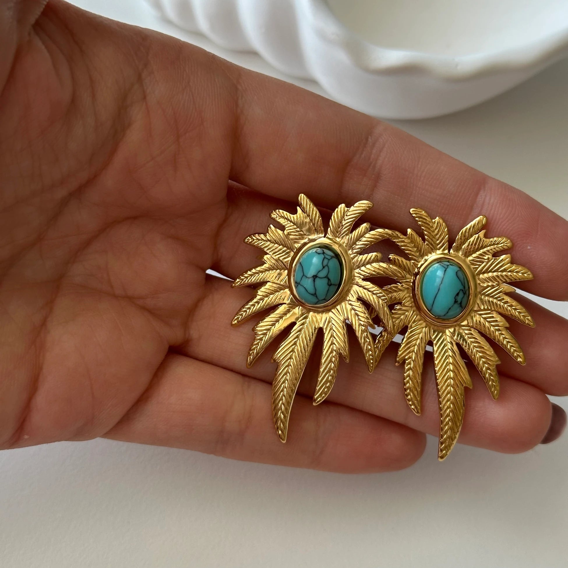 Turkuaz Taş Palmiye Çelik Küpe