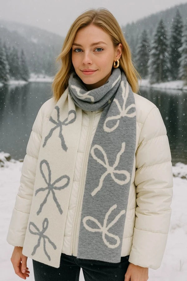 Kurdele Desenli Çift Taraflı Triko Kadın Atkı