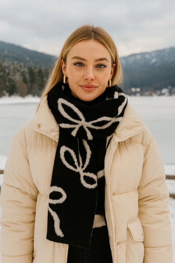 Kurdele Desenli Çift Taraflı Triko Kadın Atkı