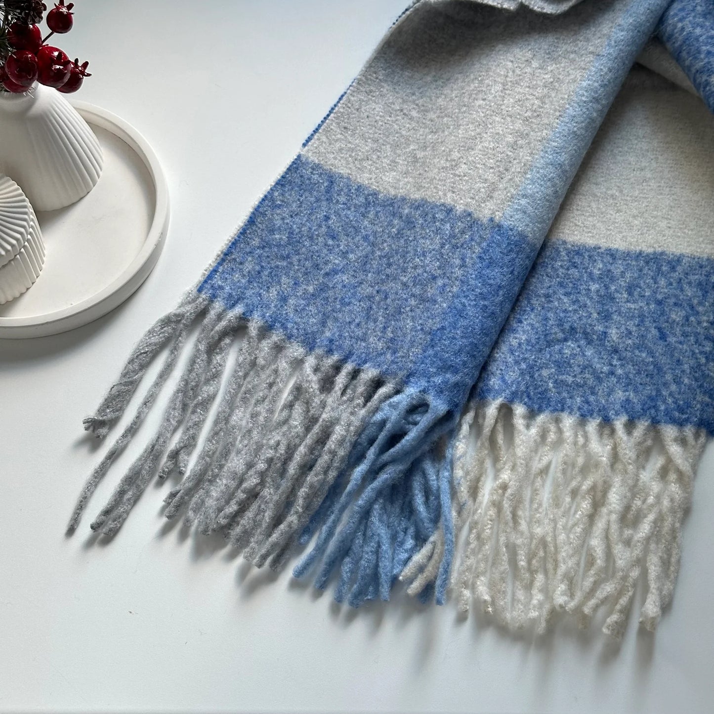 Mavi/Gri Kareli Pinterest Kadın Şal Atkı